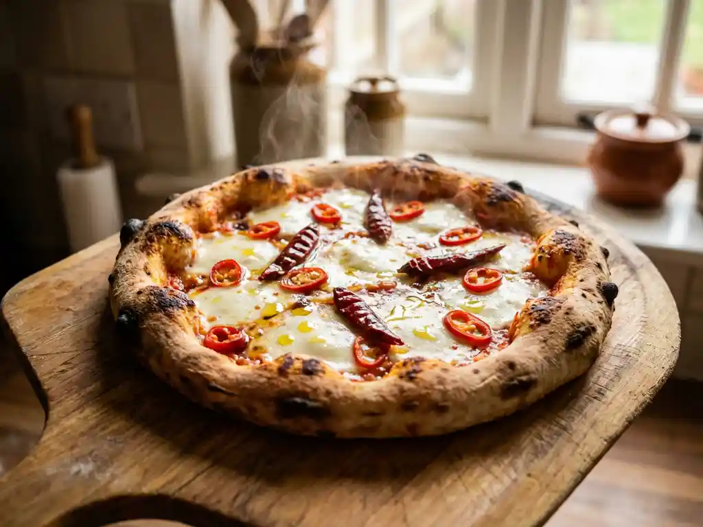 Vers gebakken artisanale pizza met rode chilipepers op gesmolten mozzarella, op houten pizzaschep in warm keukenlicht