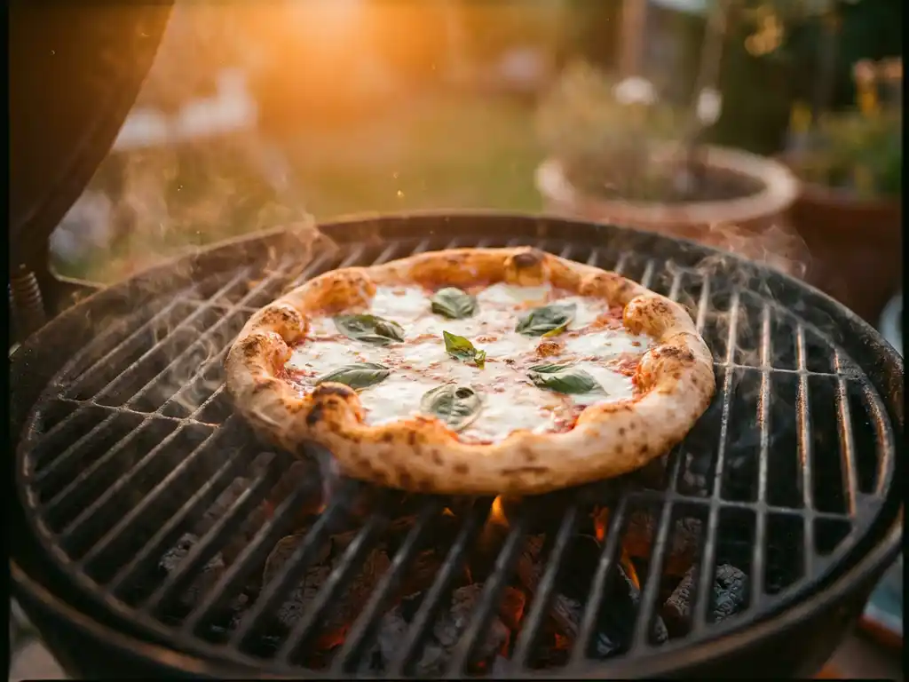 Goudbruine pizza met gesmolten mozzarella en verse basilicum op een hete barbecue, gloeiende kolen eronder