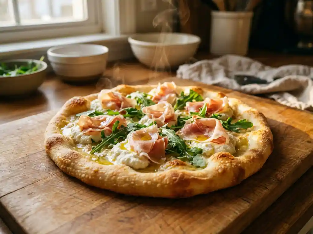 Verse pizza bianca met ricotta, prosciutto en rucola op een houten snijplank, met olijfolie bedruppeld