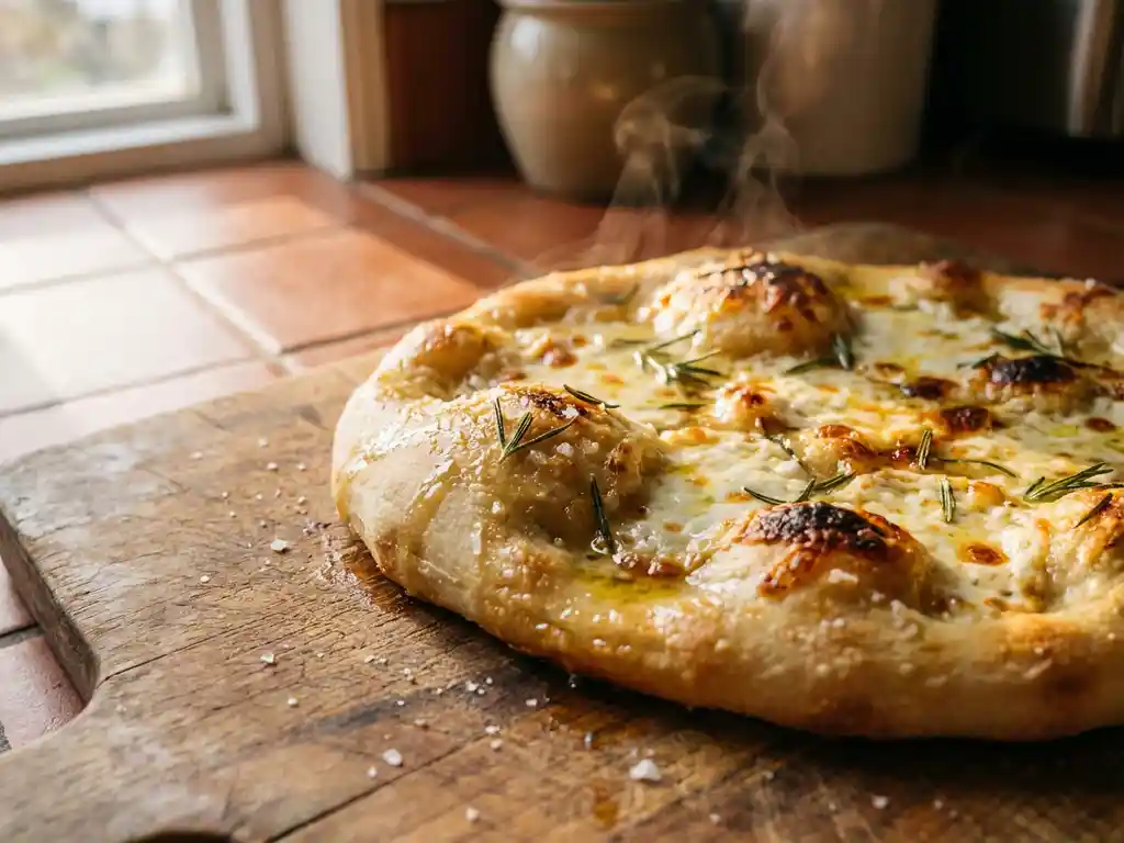 Vers gebakken pizza bianca op houten snijplank, goudbruine korst met olijfolie, zeezout en verse rozemarijn, stomend