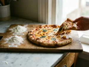 Vers gebakken pizza met goudbruine korst op houten snijplank, met bloemsoorten ernaast in warm keukenlicht