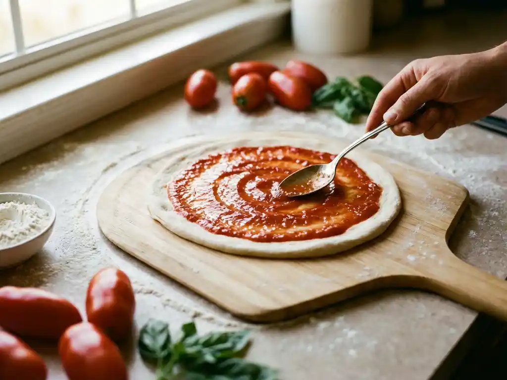 Zilveren lepel verspreidt tomatensaus over ongebakken pizza op houten pizzaschep, met basilicum en tomaten ernaast