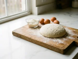 Vers uitgerold pizzadeeg op houten snijplank met bloem, proteïnepoeder en eieren in warm ochtendlicht