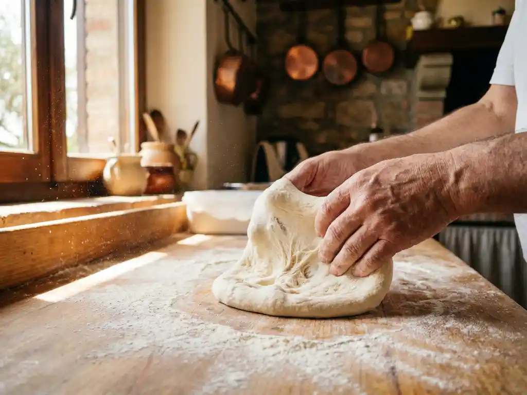 Handen rekken vers pizzadeeg op een met bloem bestoven houten werkblad in een rustieke Italiaanse keuken