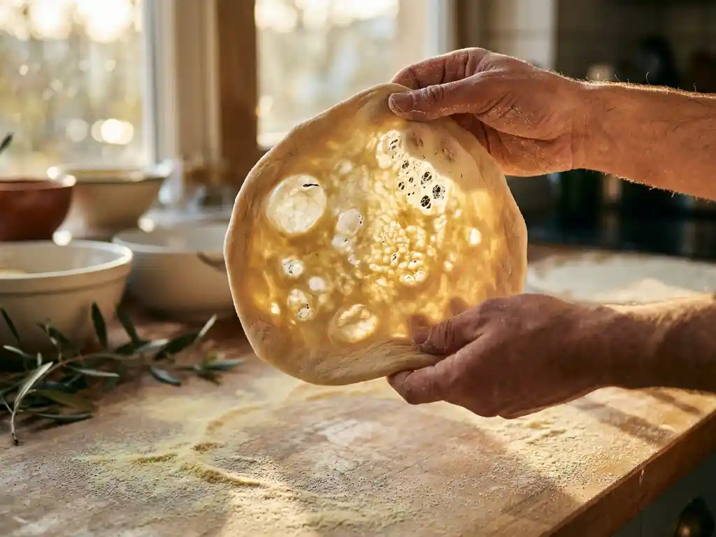 Handen houden vers gerezen pizzadeeg met grote luchtbellen omhoog in warm zonlicht, houten aanrecht met bloem