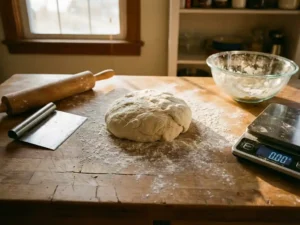 Vers gekneed pizzadeeg op een met bloem bestoven houten aanrecht, omringd door deegschraper, deegroller en keukenweegschaal