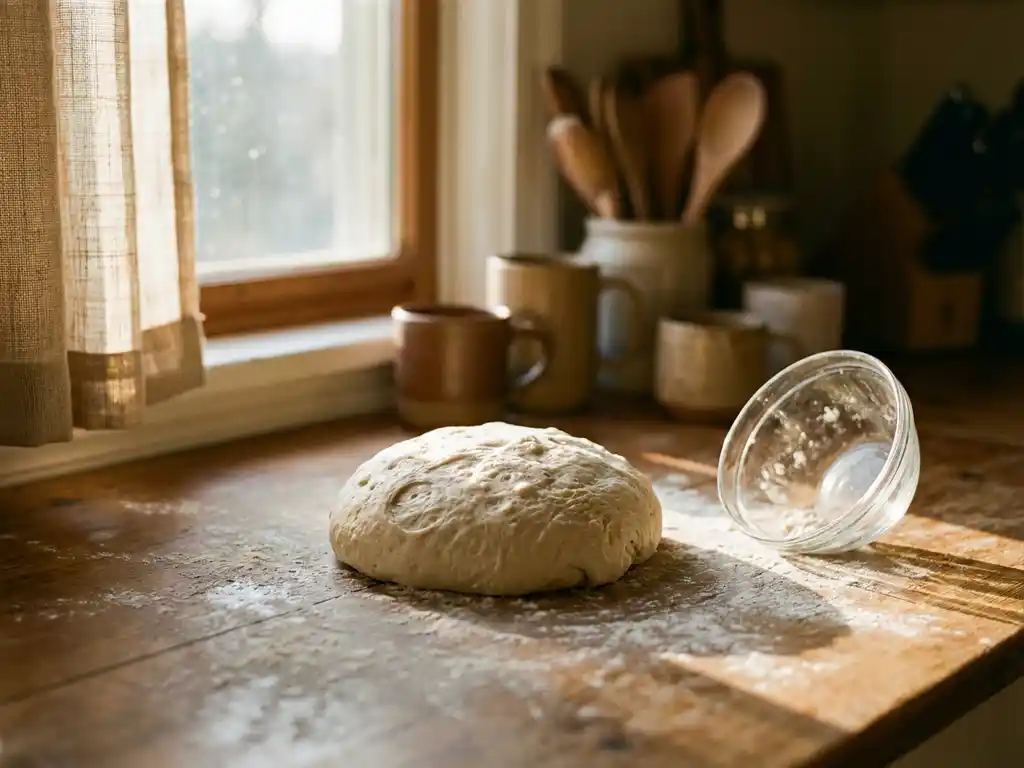 Ruw pizzadeeg met luchtbelletjes op rustiek houten aanrecht bestoven met meel in warm zonlicht
