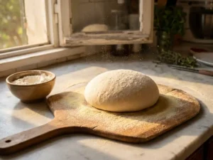 Bloembestoven pizzadeeg op rustieke houten pizzaschep, kom Italiaanse 00-bloem, marmeren aanrecht in warm zonlicht