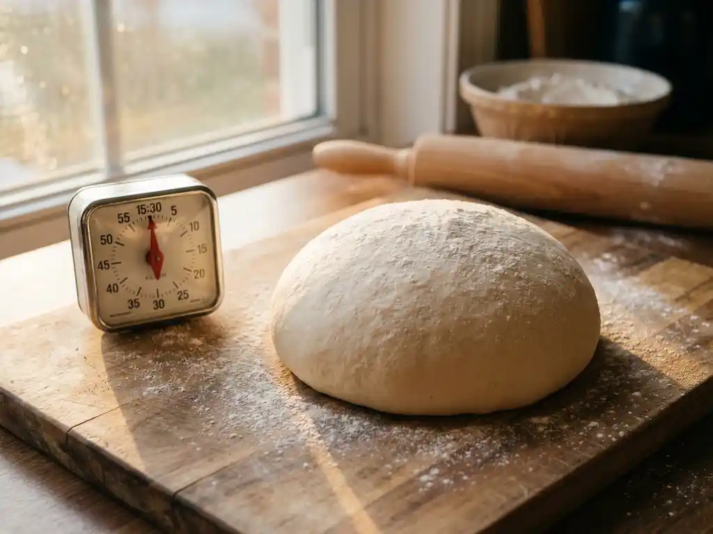 Vers gekneed pizzadeeg op een met bloem bestoven houten snijplank, met keukentimer, in zacht ochtendlicht.