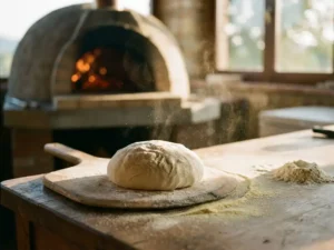 Handgerekt pizzadeeg op een met bloem bestoven houten pizzaschep, traditionele houtgestookte pizzaoven met gloeiende sintels op de achtergrond