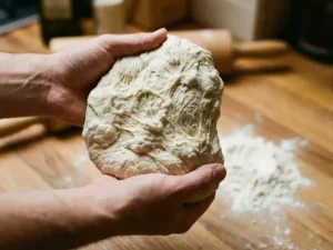 Handen rekken elastisch pizzadeeg met zichtbare glutendraden boven een met meel bestoven houten werkblad