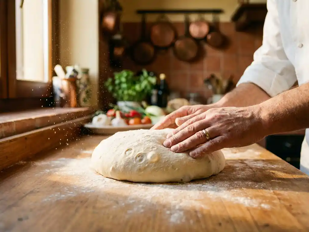 Meelbestoven handen drukken pizzadeeg op houten werkblad in warme Italiaanse keuken met gouden middaglicht