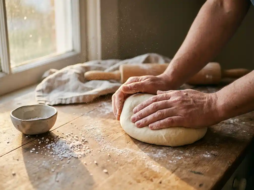 Bakker kneedt pizzadeeg op houten werkblad, grof zeezout in keramische kom, warm zonlicht door keukenraam