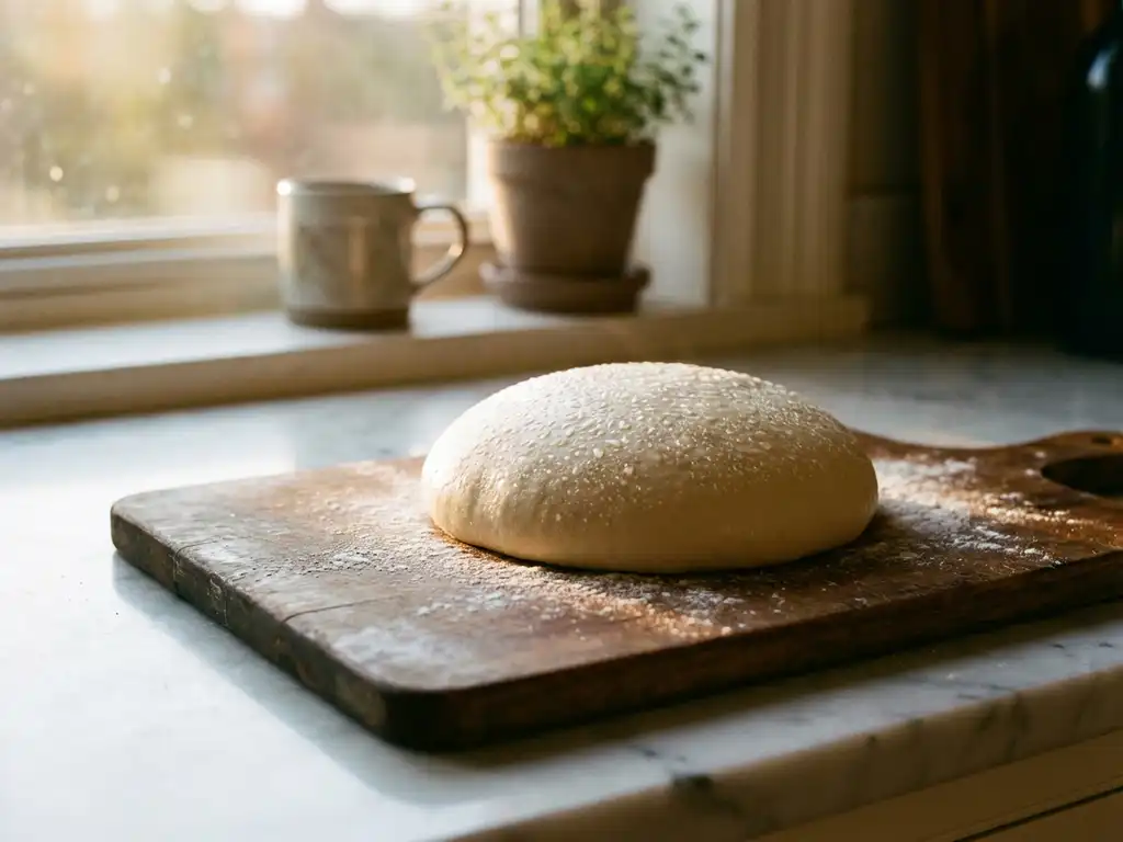 Vers ontdooid pizzadeeg op een rustieke houten snijplank, bestoven met bloem in warm keukenlicht