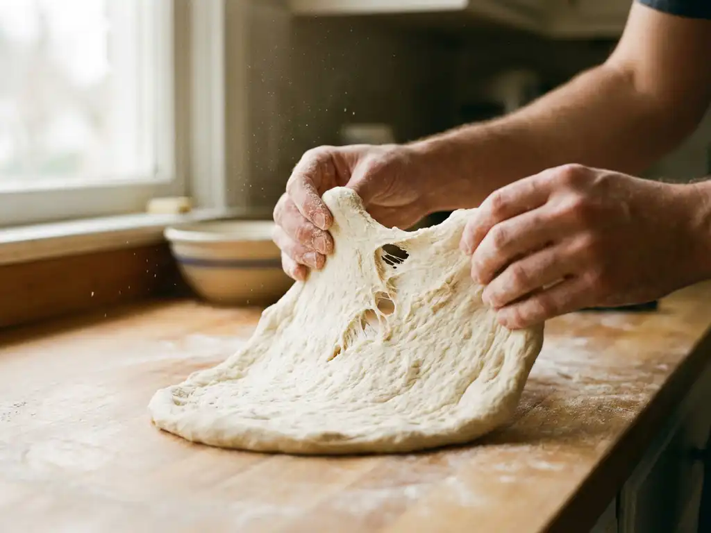 Handen rekken rauw pizzadeeg met een scheur in het midden, op een met bloem bestoven houten aanrecht in natuurlijk licht