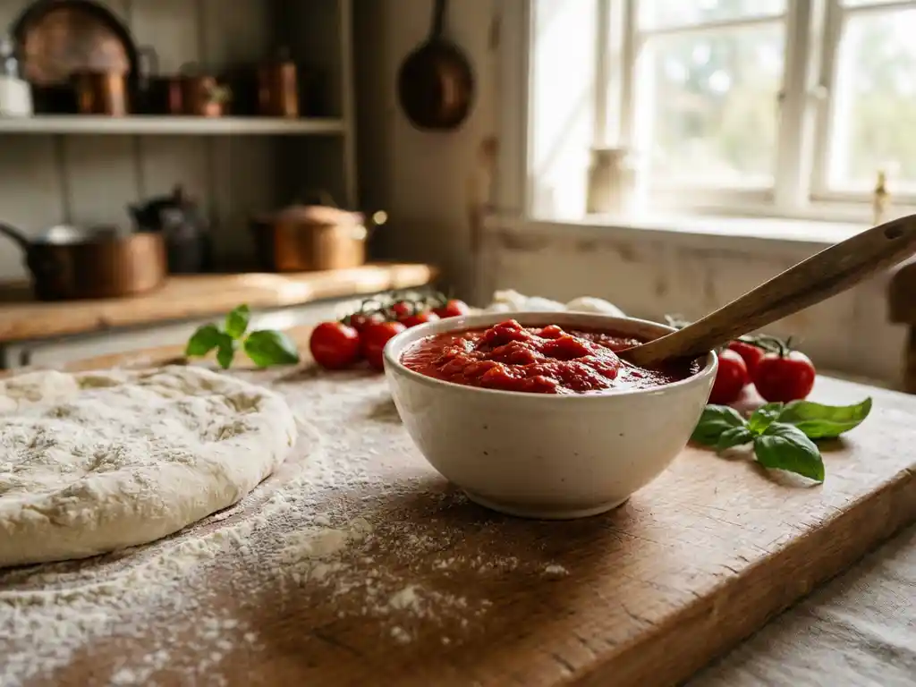 Kom rode tomatensaus op rustieke snijplank naast pizzadeeg, verse basilicum en kerstomaatjes in warm keukenlicht