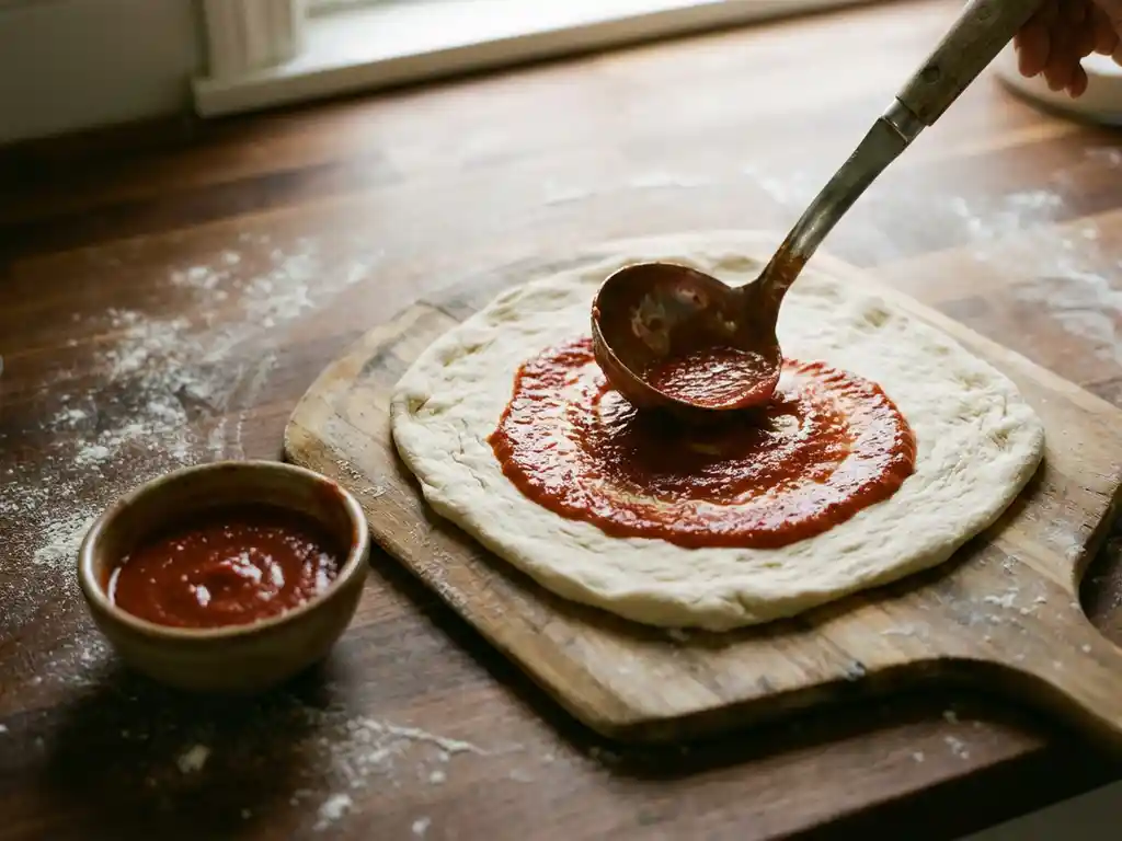 Zilveren pollepel spreidt rode tomatensaus over rauw pizzadeeg op houten pizzaschep, met bloem op donker aanrecht
