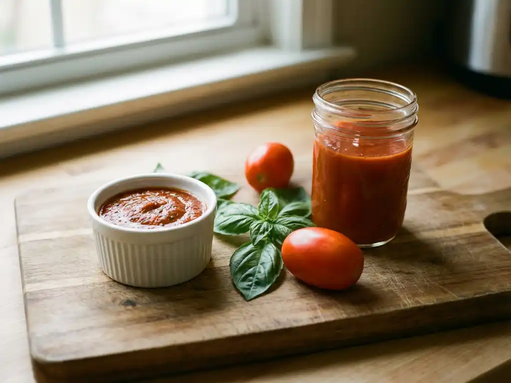 Witte ramekin met dikke pizzasaus naast glazen pot tomatensaus, verse basilicum en Roma tomaat op houten snijplank