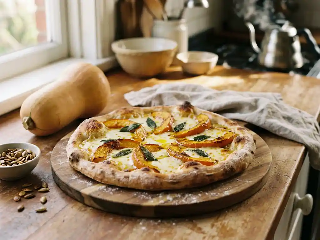 Ambachtelijke pompoenpizza met gesmolten mozzarella en salie op een houten snijplank in warm herfstlicht