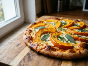 Versgebakken pompoenpizza met geroosterde pompoenplakjes, salie, rozemarijn en tijm op gesmolten kaas op houten snijplank
