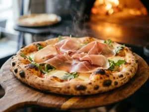 Versgebakken artisanale pizza met prosciutto, gesmolten mozzarella en rucola op houten pizzaschep