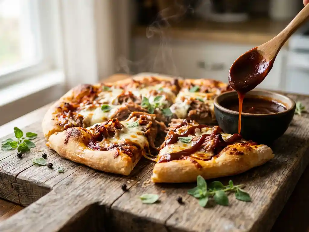 Versgebakken pulled pork pizza met gesmolten kaas en barbecuesaus die van een houten lepel druipt op een rustieke snijplank