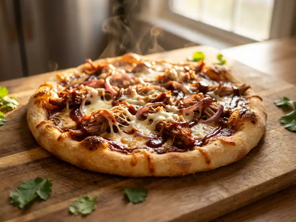 Versgebakken barbecue pulled pork pizza met gesmolten mozzarella, gekarameliseerde ui en koriander op een houten plank