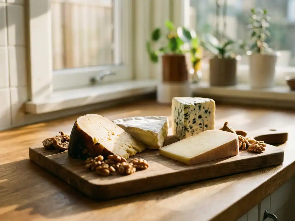 Rustieke houten kaasplank met goudse kaas, brie, blauwe kaas en gruyère, versierd met walnoten en gedroogde vijgen