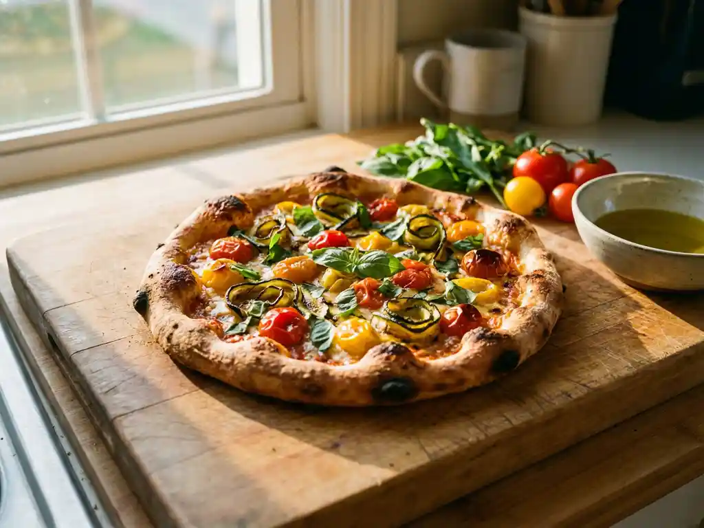 Rustieke pizza met geroosterde cherrytomaatjes, courgette en basilicum op houten snijplank in warm keukenlichtt
