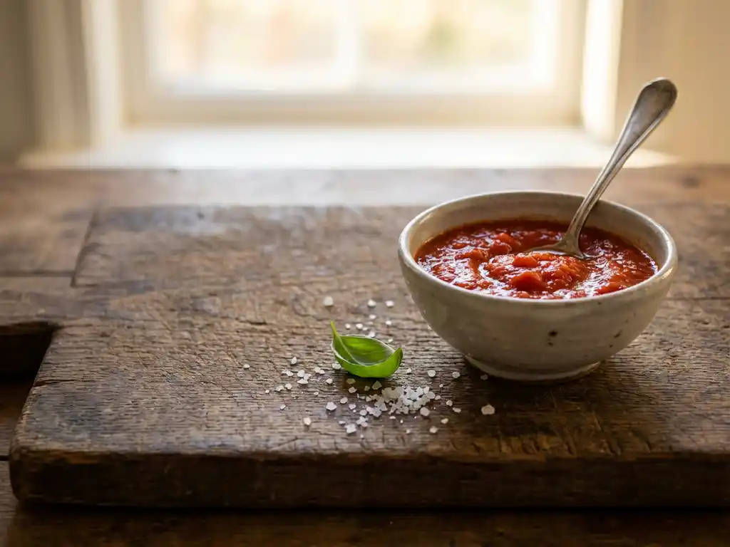 Keramisch kommetje met rode tomatensaus en zilveren lepel op rustieke houten snijplank met zeezout en basilicum