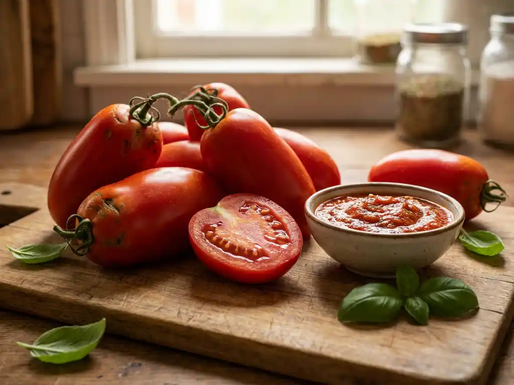 Rijpe San Marzano tomaten op een houten snijplank met verse basilicum en huisgemaakte pizzasaus in natuurlijk licht
