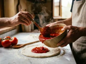 Handen van pizzabakker scheppen rode San Marzano tomatensaus op pizzadeeg, rustieke kom op marmeren aanrecht