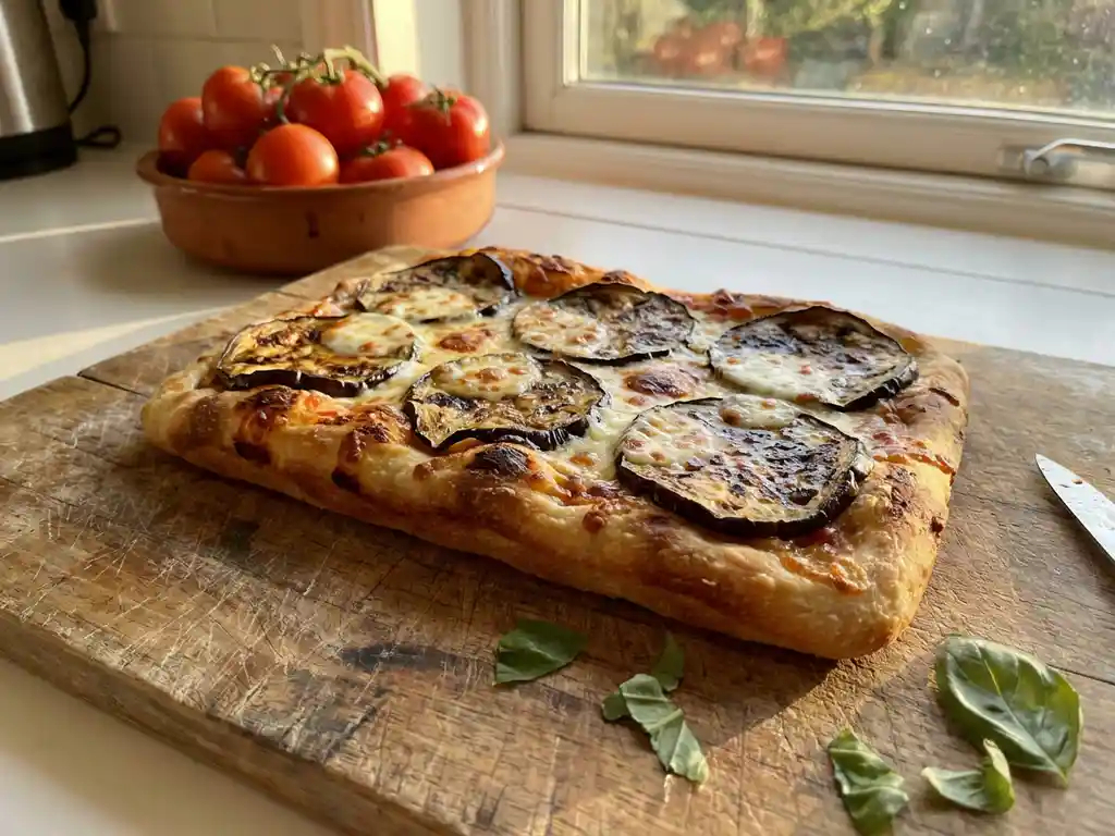 Siciliaanse pizza met geroosterde aubergine en gesmolten mozzarella op houten snijplank, verse basilicum ernaast