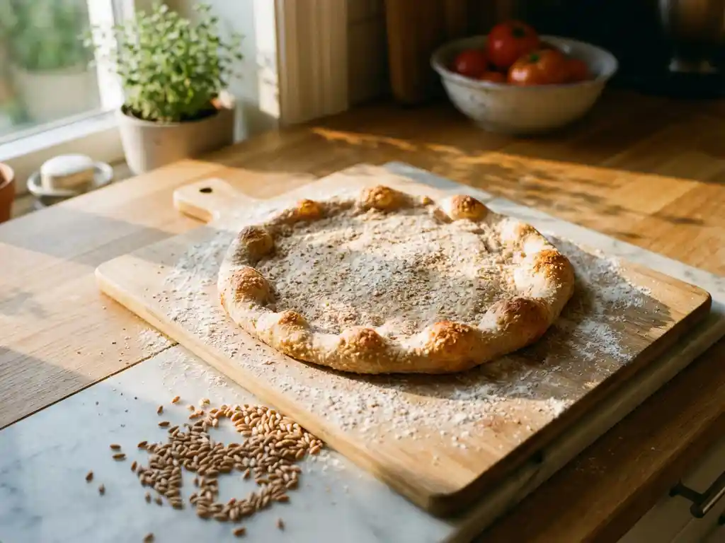 Rond rustiek speltpizzadeeg op een met bloem bestoven houten snijplank, met rauwe speltkorrels ernaast in warm keuklicht