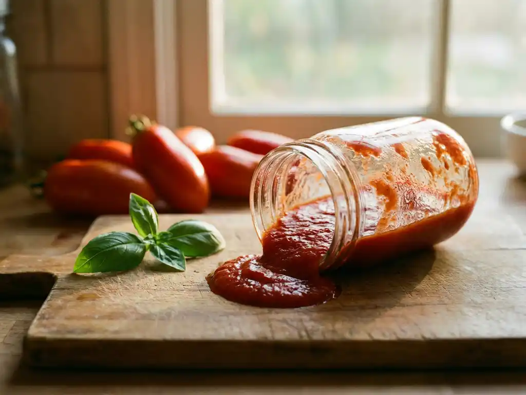 Glazen pot rode tomatensaus op houten snijplank met verse basilicum en San Marzano tomaten in warm namiddaglicht