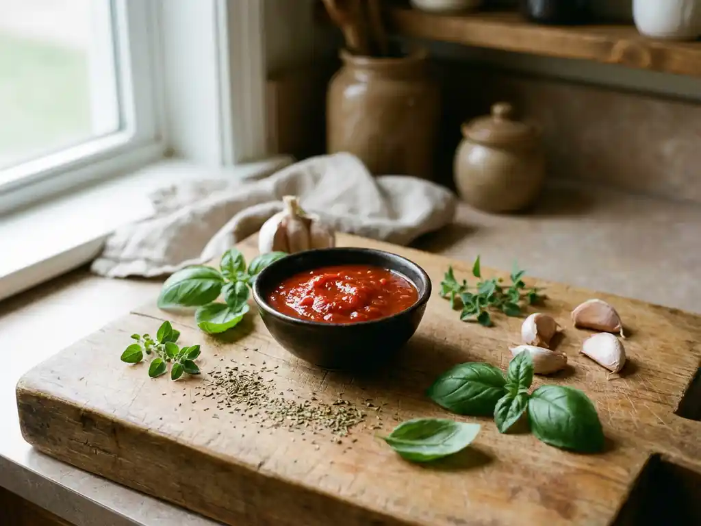 Kom verse tomatensaus in een schaaltje op een rustieke houten snijplank, omringd door basilicum, oregano en knoflook