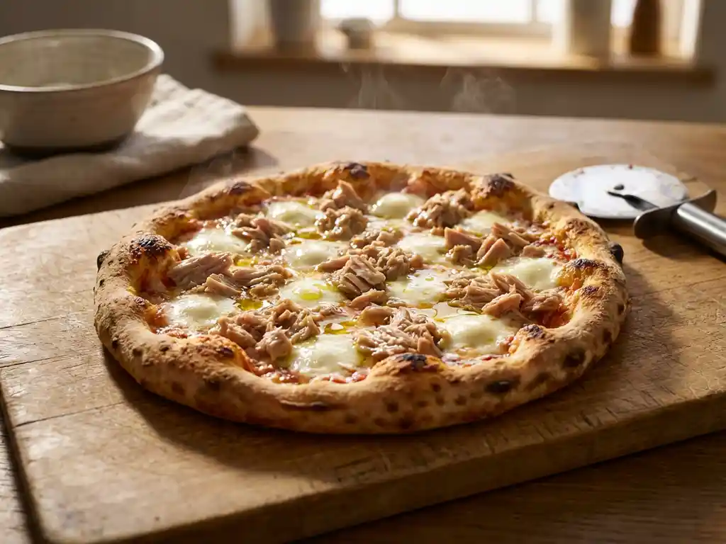 Versgebakken tonijnpizza met gesmolten mozzarella op een rustieke houten snijplank, stoom stijgt op van de gouden korst