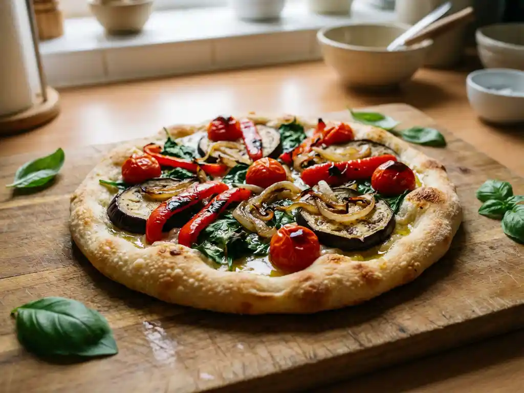 Vers gebakken veganistische pizza met geroosterde groenten op een rustieke houten snijplank, natuurlijk licht