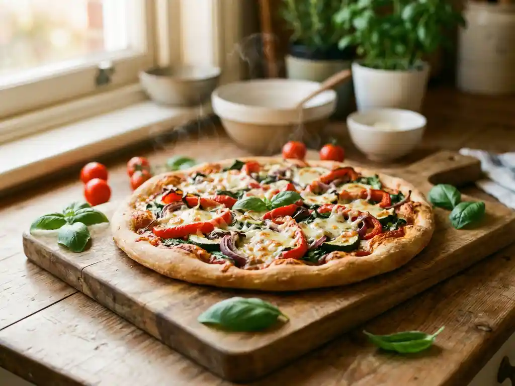 Vers gebakken vegan pizza met kleurrijke groenten en gesmolten kaas op een houten snijplank, met basilicum en tomaten