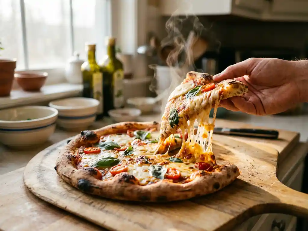 Verse veganistische pizza met smeltende plantaardige kaas die uitrekt, verse basilicum en kerstomaatjes, warme keuken