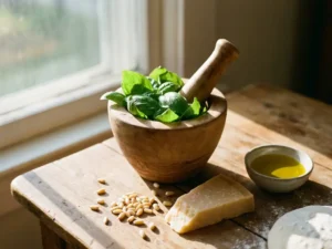 Verse basilicumbladeren in houten vijzel met pijnboompitten, Parmezaanse kaas en olijfolie voor huisgemaakte pesto