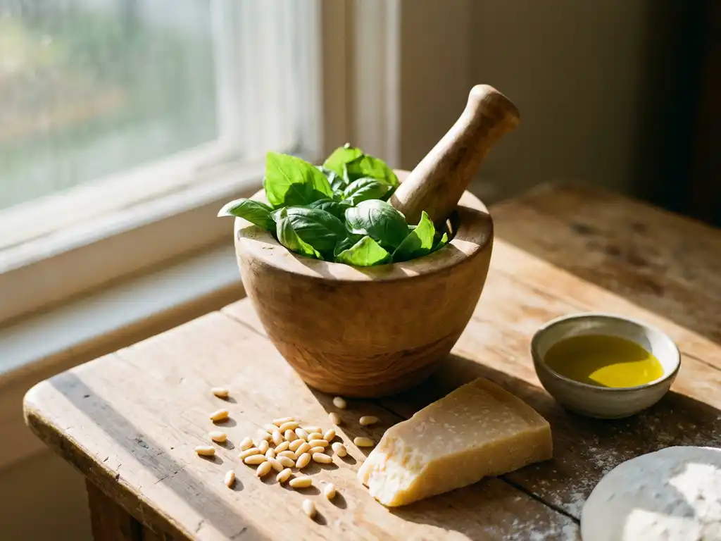 Verse basilicumbladeren in houten vijzel met pijnboompitten, Parmezaanse kaas en olijfolie voor huisgemaakte pesto