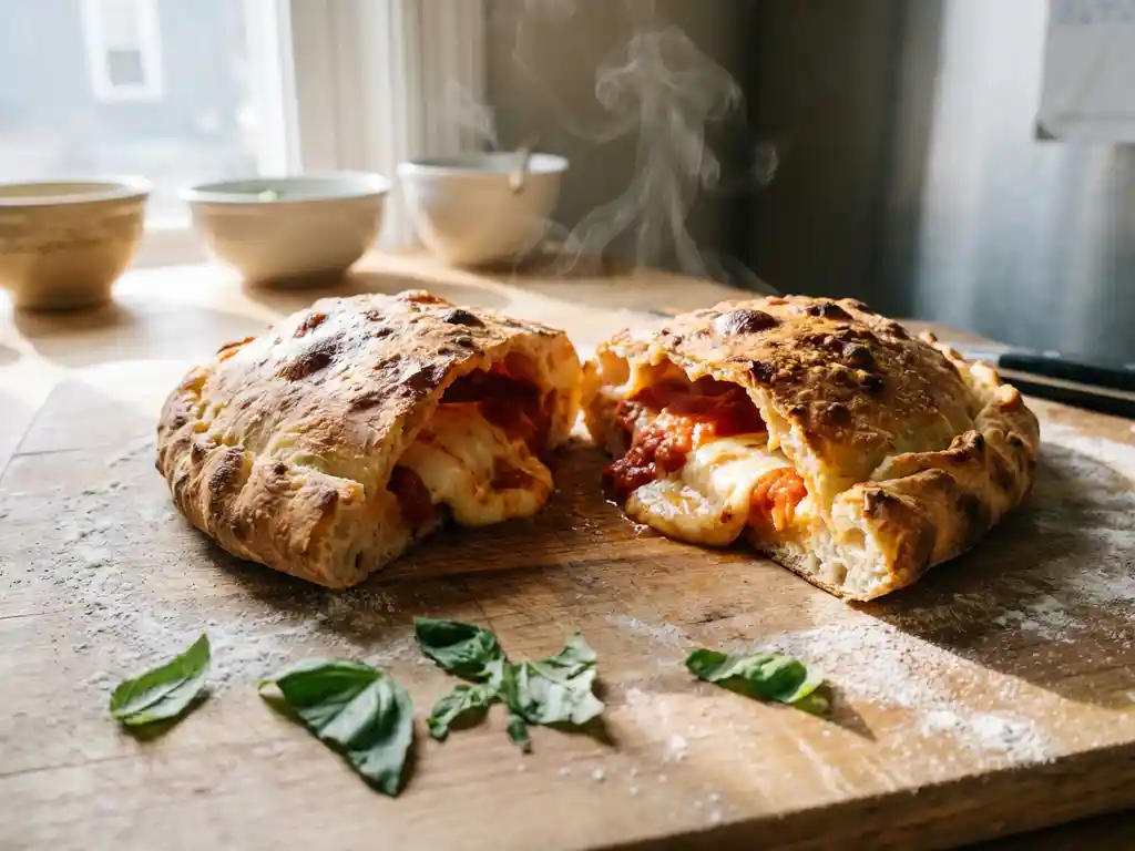 Vers gebakken goudbruine calzone doorgesneden met smeltende mozzarella en tomatenvulling op houten snijplank met basilicum.