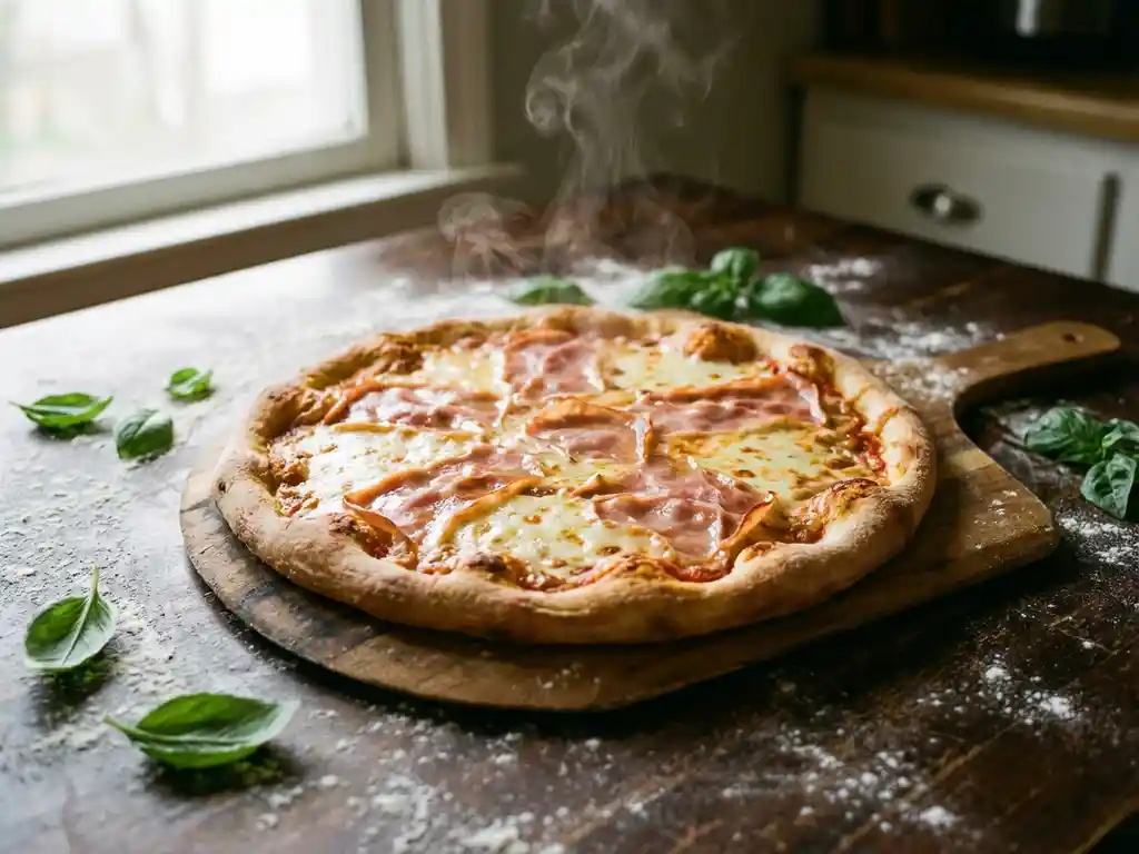 Versgebakken pizza met gouden korst, gesmolten mozzarella en ham op een houten pizzaschep, met verse basilicum