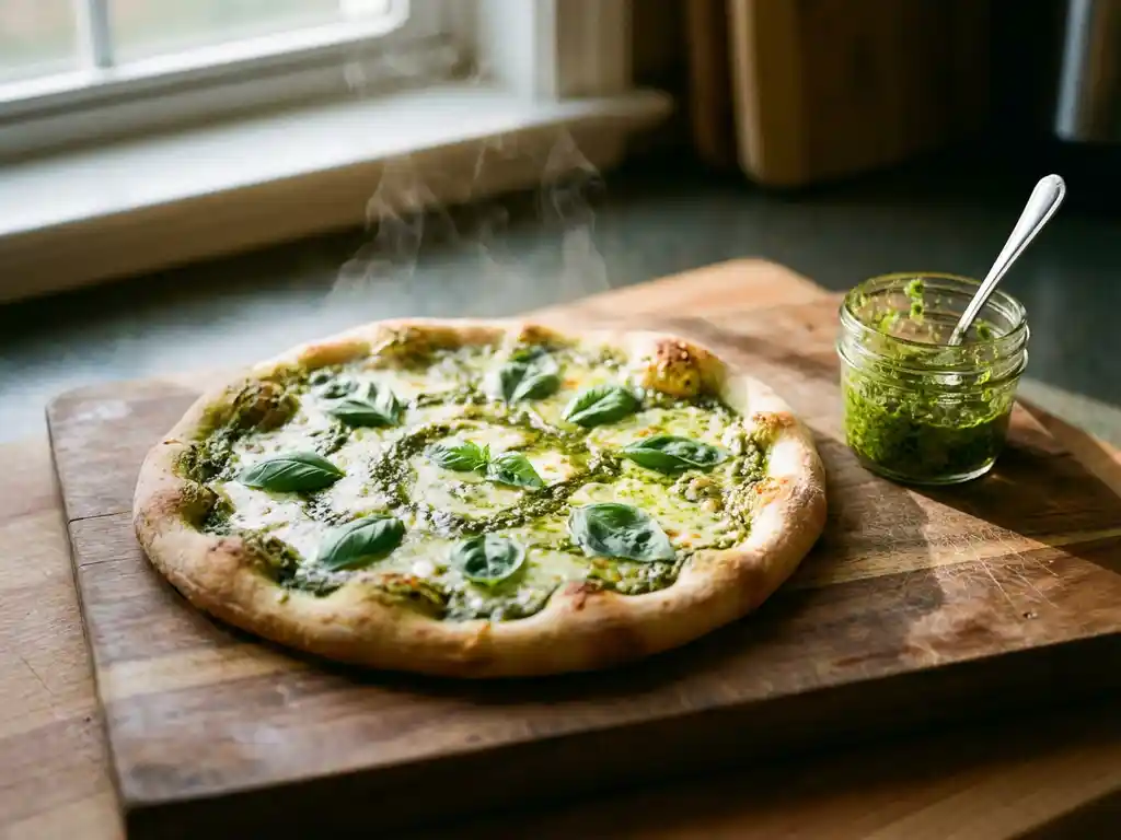 Versgebakken artisanale pizza met groene pesto, gesmolten mozzarella en verse basilicum op een houten snijplank