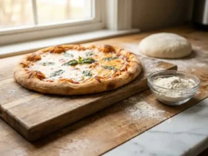 Vers gebakken pizza met goudbruine korst op houten snijplank, naast een schaaltje proteïnepoeder in warme keuken