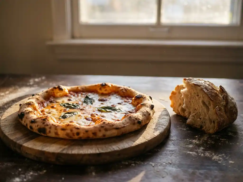 Versgebakken pizza met goudbruine korst op een houten snijplank, met brood en bloem in warm zonlicht