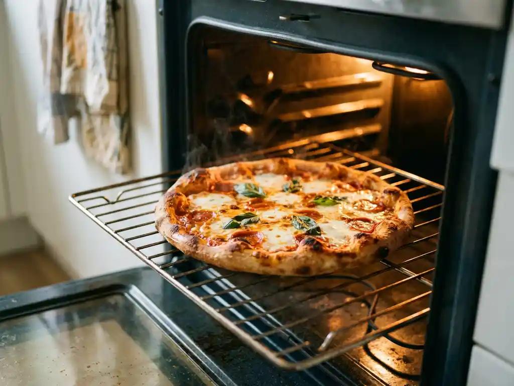 Vers gebakken pizza met gesmolten kaas en knapperige korst op een ovenrooster, stoom stijgt op in warm oranje licht