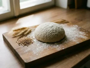 Vers pizzadeeg bestoven met bloem op een rustieke houten snijplank, naast tarwekorrels en tarwearen in warm natuurlijk licht.