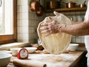 Met bloem bestoven handen rekken vers pizzadeeg boven een houten aanrecht, warm namiddaglicht vangt zwevende meeldeeltjes